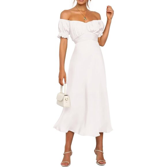 Women's 2024 Summer Satin Midi Dress Off Shoulder Wrap Wedding Party Dresses